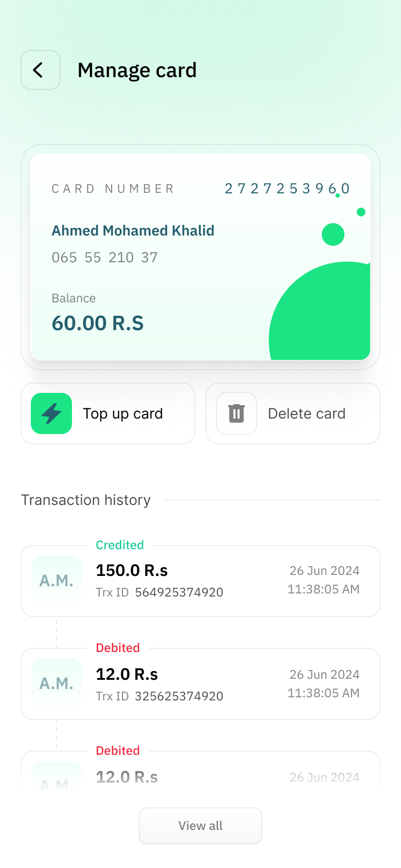 Manage Card & History